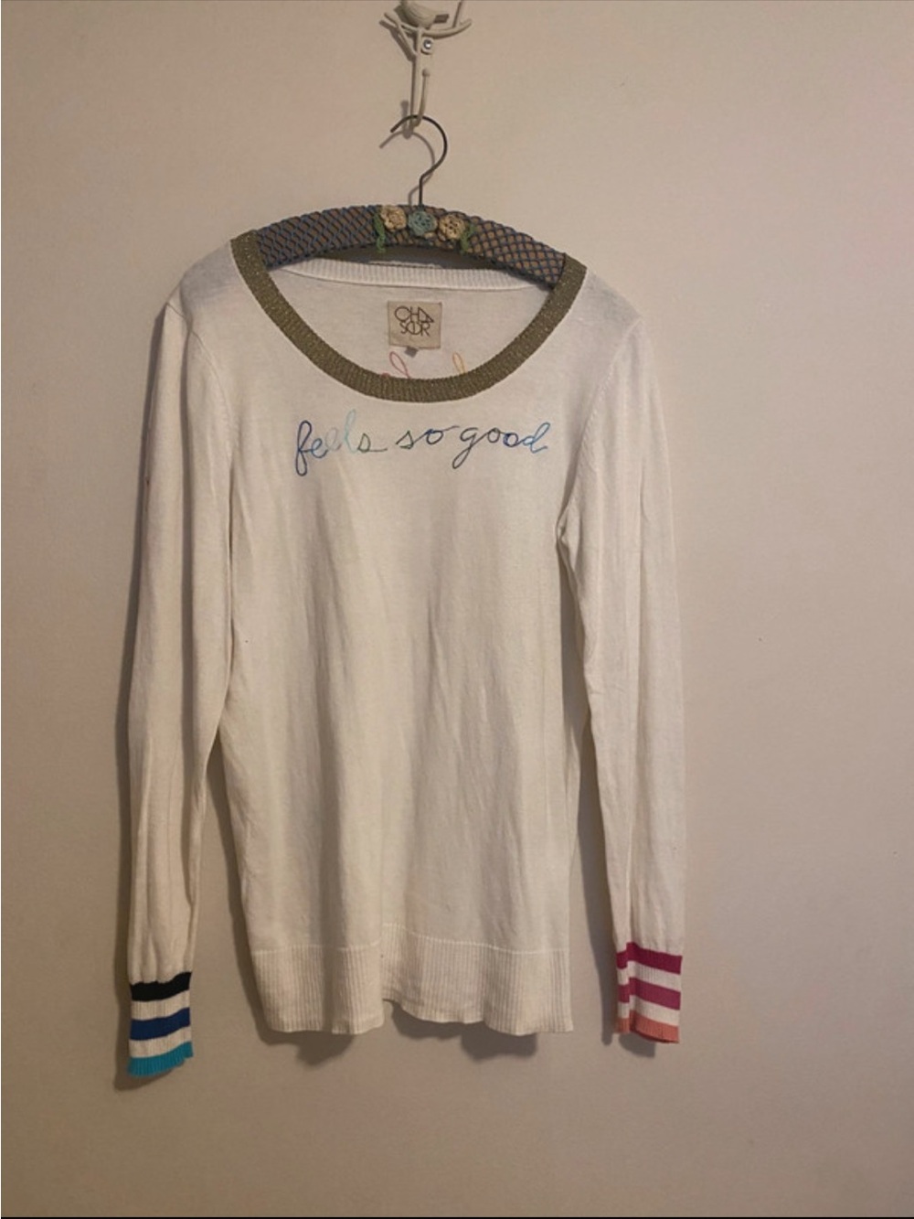 Chaser White 'Feels So Good' Long Sleeve Knit Top with Multicolor Cuffs